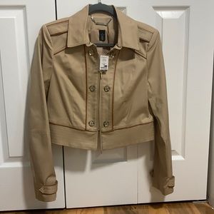 White House black market NWT cropped jacket tan leather trim size 8